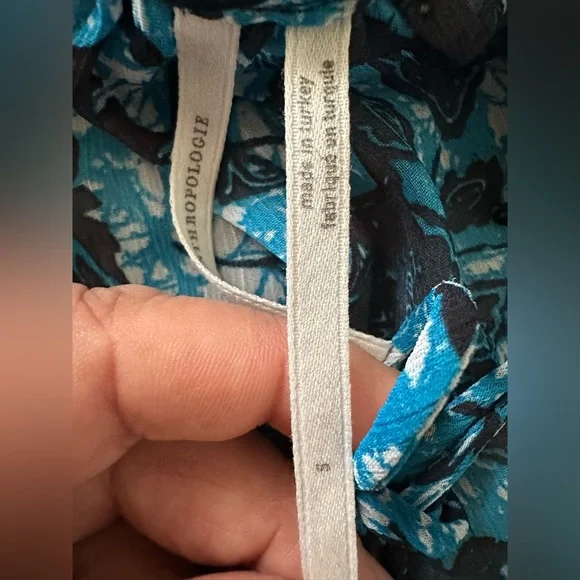 Anthropologie Chiffon Blouse Blue Floral Long Sleeve V-Neck size S - Picture 7 of 12